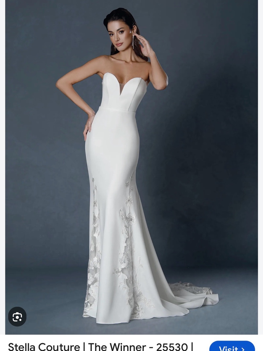 Strapless White Mermaid Wedding Gown with Floral Appliqué